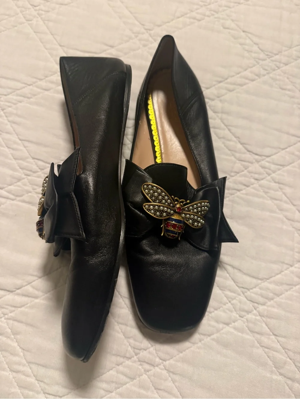 Gucci Black Leather Flats with Pearl & Crystal Bee Accent